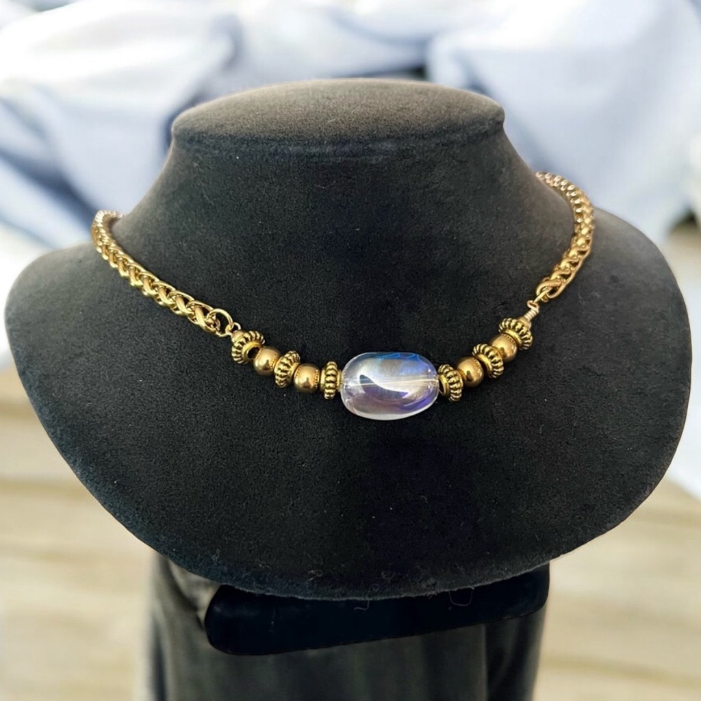 Genuine Clear Rainbow Iridescent Aura Crystal Quartz Gold Steel Boho Necklace